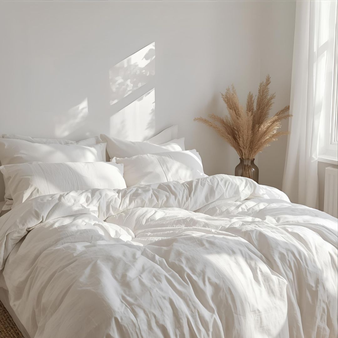 couette avec oreiller chambre blanche et beige avec plantes