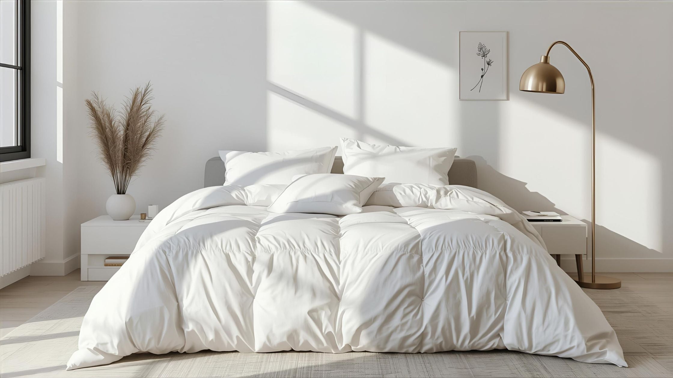 couette avec fleurs et lampe de couleur doré 
