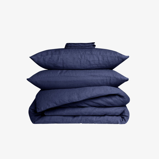 Parure housse de couette lin lavé bleu nuit